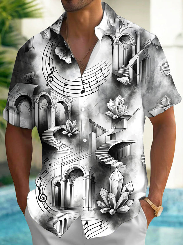 Adaychic Men's Short Sleeve Shirt - Fantasy Architecture With Crystals And Music Notes Print with Chest Pocket