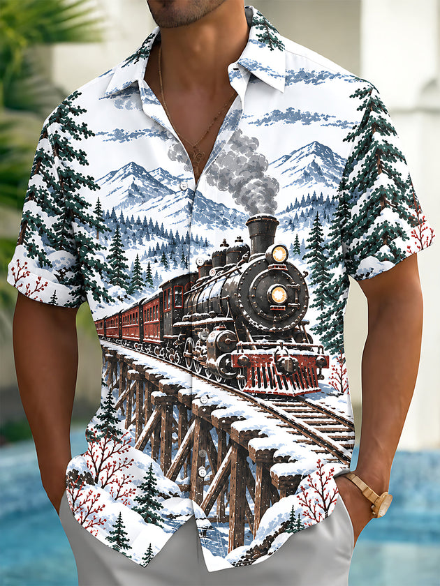 Adaychic Men's Short Sleeve Shirt - Vintage Steam Train In Snowy Mountain Landscape Print with Chest Pocket