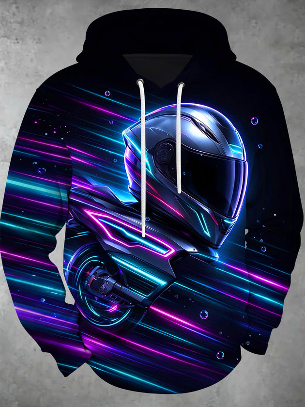 Adaychic Men's Long Sleeve Hoodie - Neon Motorcycle And Helmet With Speed Lines Print