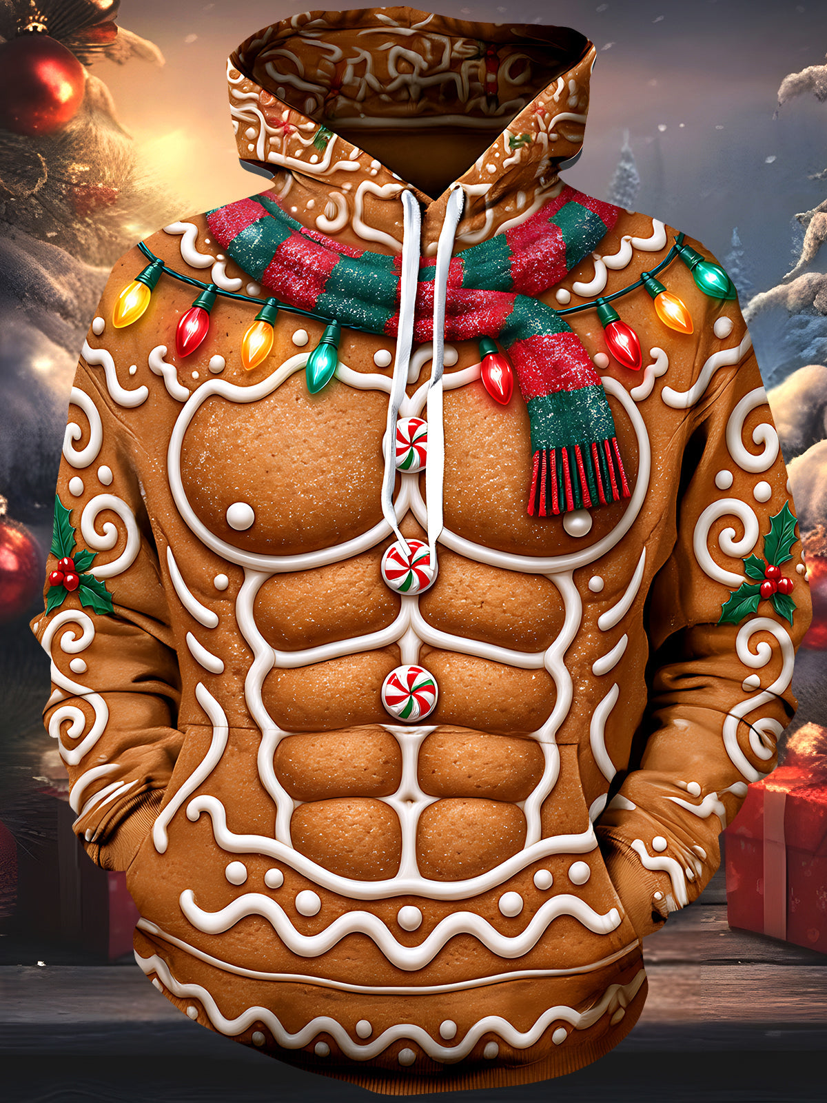 Adaychic Men's Long Sleeve Hoodie - Muscular Gingerbread Man With Christmas Lights And Scarf Print