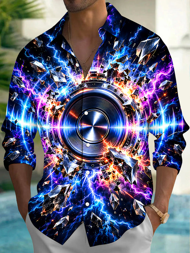 Adaychic Men's Long Sleeve Shirt - 3D Speaker With Lightning And Shattered Crystals Print with Chest Pocket