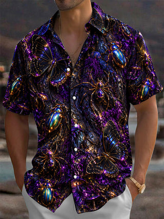 Adaychic Men's Short Sleeve Shirt - Iridescent Beetles Butterflies And Spiders Print with Chest Pocket