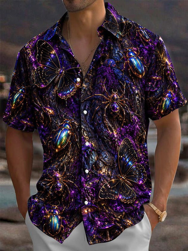 Adaychic Men's Short Sleeve Shirt - Iridescent Beetles Butterflies And Spiders Print with Chest Pocket