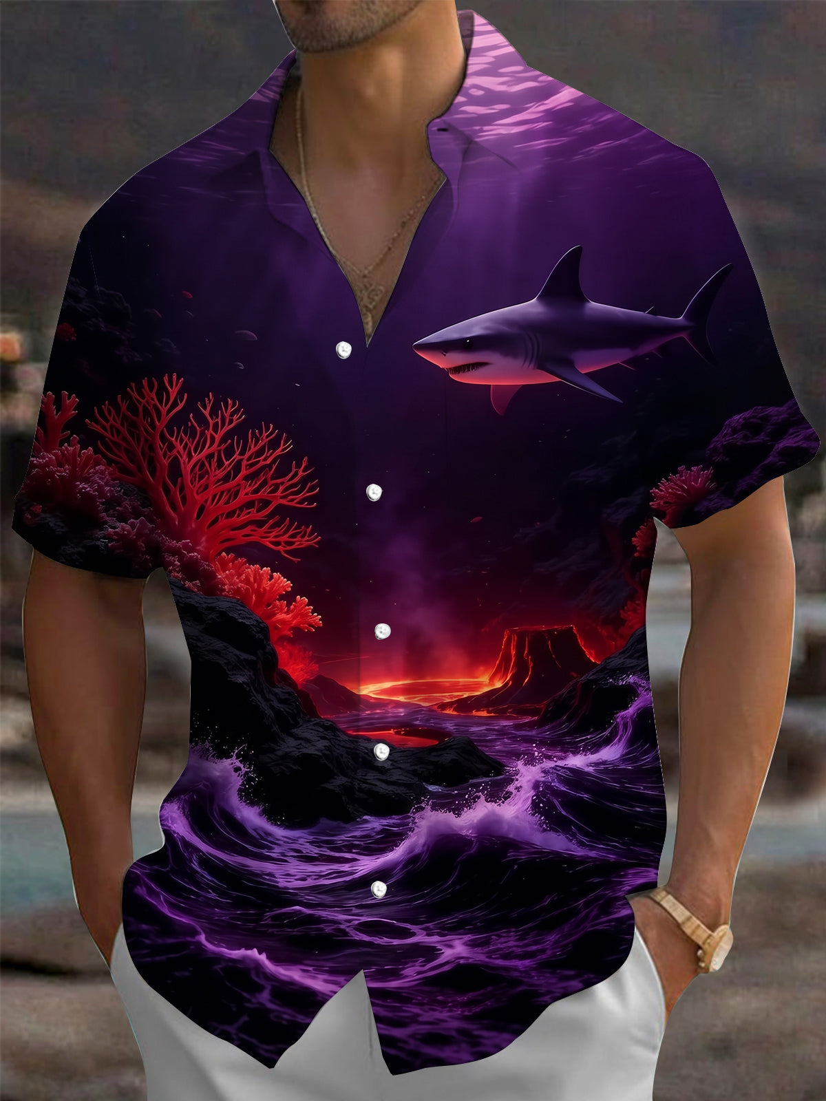 Adaychic Men's Hawaiian Shark And Deep Sea Volcano Print Short Sleeve Shirt with Chest Pocket