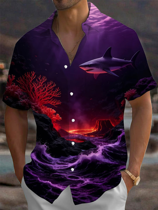Adaychic Men's Hawaiian Shark And Deep Sea Volcano Print Short Sleeve Shirt with Chest Pocket