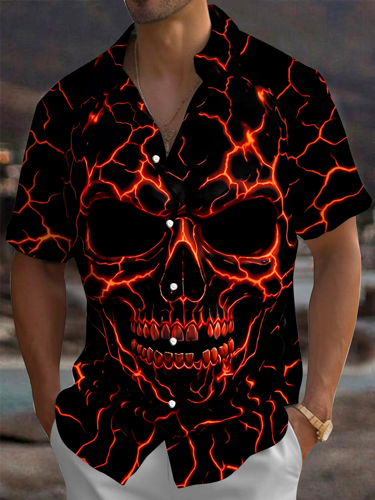 Adaychic Men's Graphic Lava Skull Print Short Sleeve Shirt with Chest Pocket