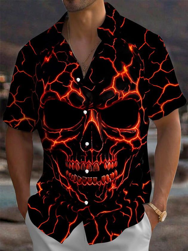 Adaychic Men's Graphic Lava Skull Print Short Sleeve Shirt with Chest Pocket