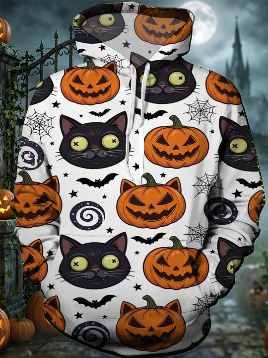 Adaychic Men's Graphic Halloween Black Cat Print Long Sleeve Hoodie