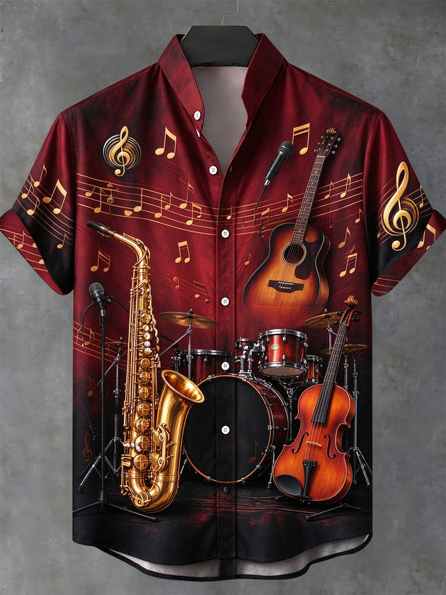 Adaychic Men's Short Sleeve Stand Collar Shirt - Musical Instruments And Notes Print with Chest Pocket