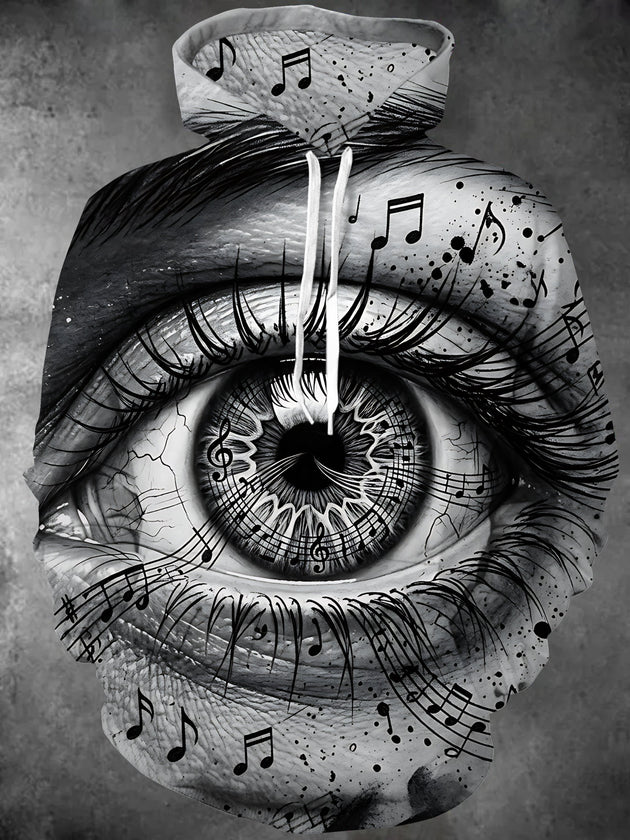 Adaychic Men's Human Eye With Musical Notes And Staff Print Long Sleeve Hoodie