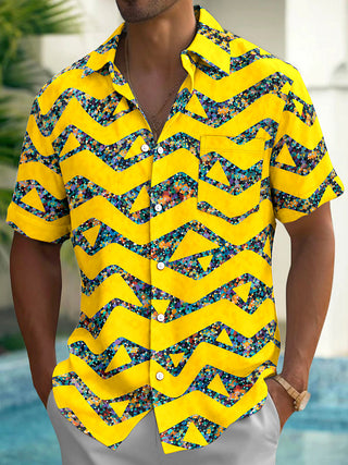 Adaychic Men's Geometric Zigzag And Triangles Print Short Sleeve Shirt with Chest Pocket