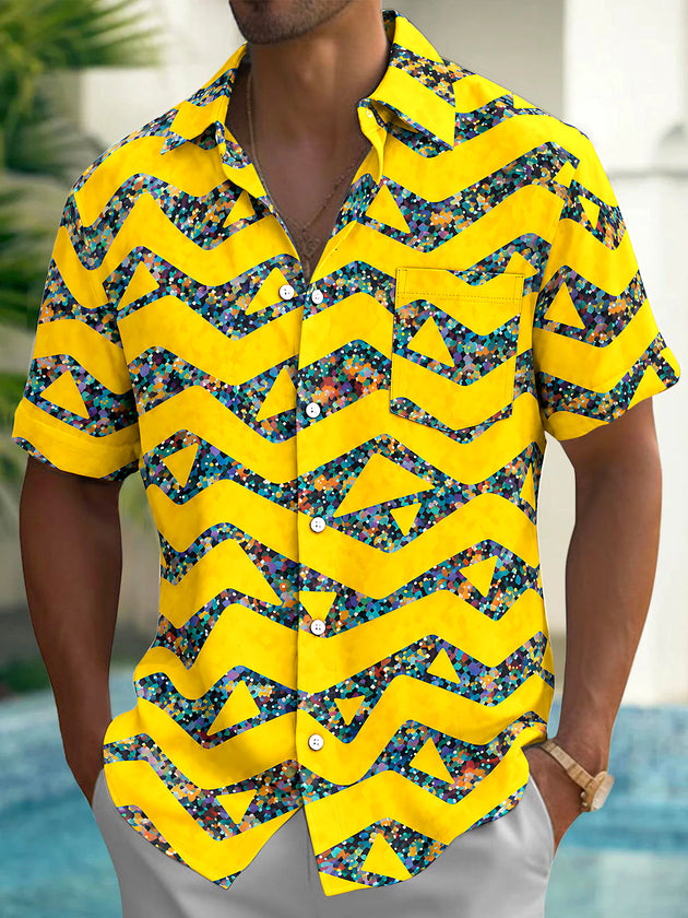 Adaychic Men's Geometric Zigzag And Triangles Print Short Sleeve Shirt with Chest Pocket