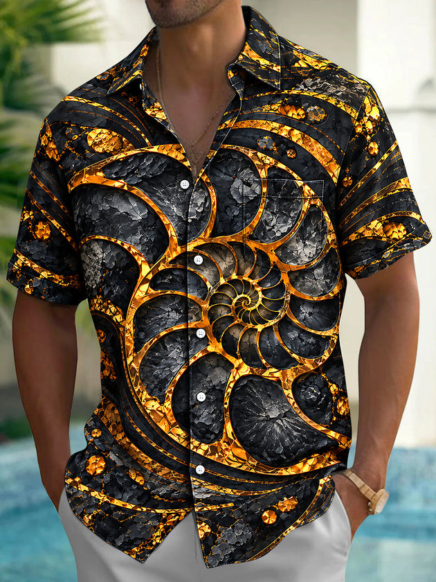 Adaychic Men's Short Sleeve Shirt - Spiral Shell And Abstract Geometric Patterns Print with Chest Pocket
