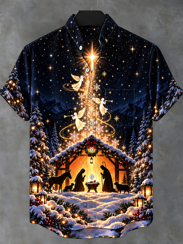 Adaychic Men's Short Sleeve Stand Collar Shirt - Nativity Scene With Angels And Star Print with Chest Pocket