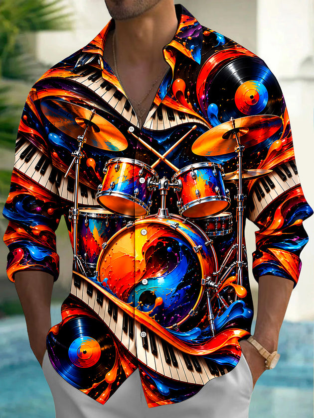 Adaychic Men's Drum Set Piano Keys And Vinyl Records Print Long Sleeve Shirt with Chest Pocket