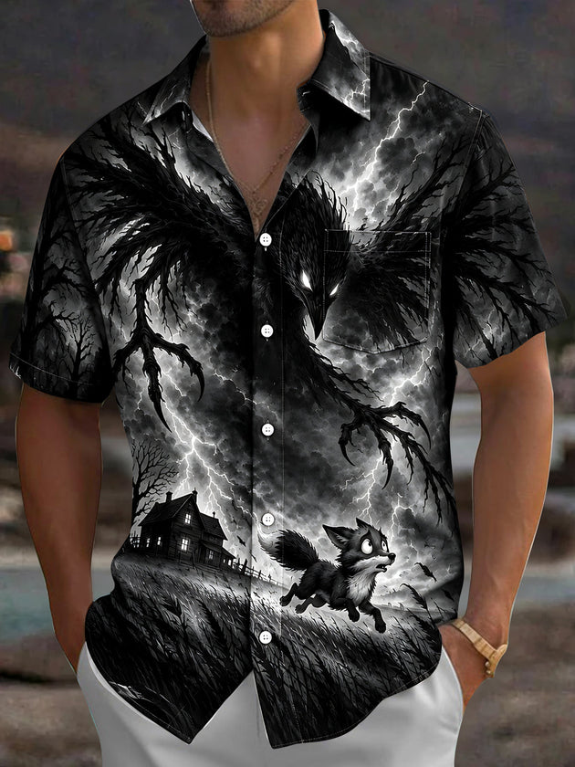 Adaychic Men's Halloween Black Crow And Running Fox Print Short Sleeve Shirt with Chest Pocket