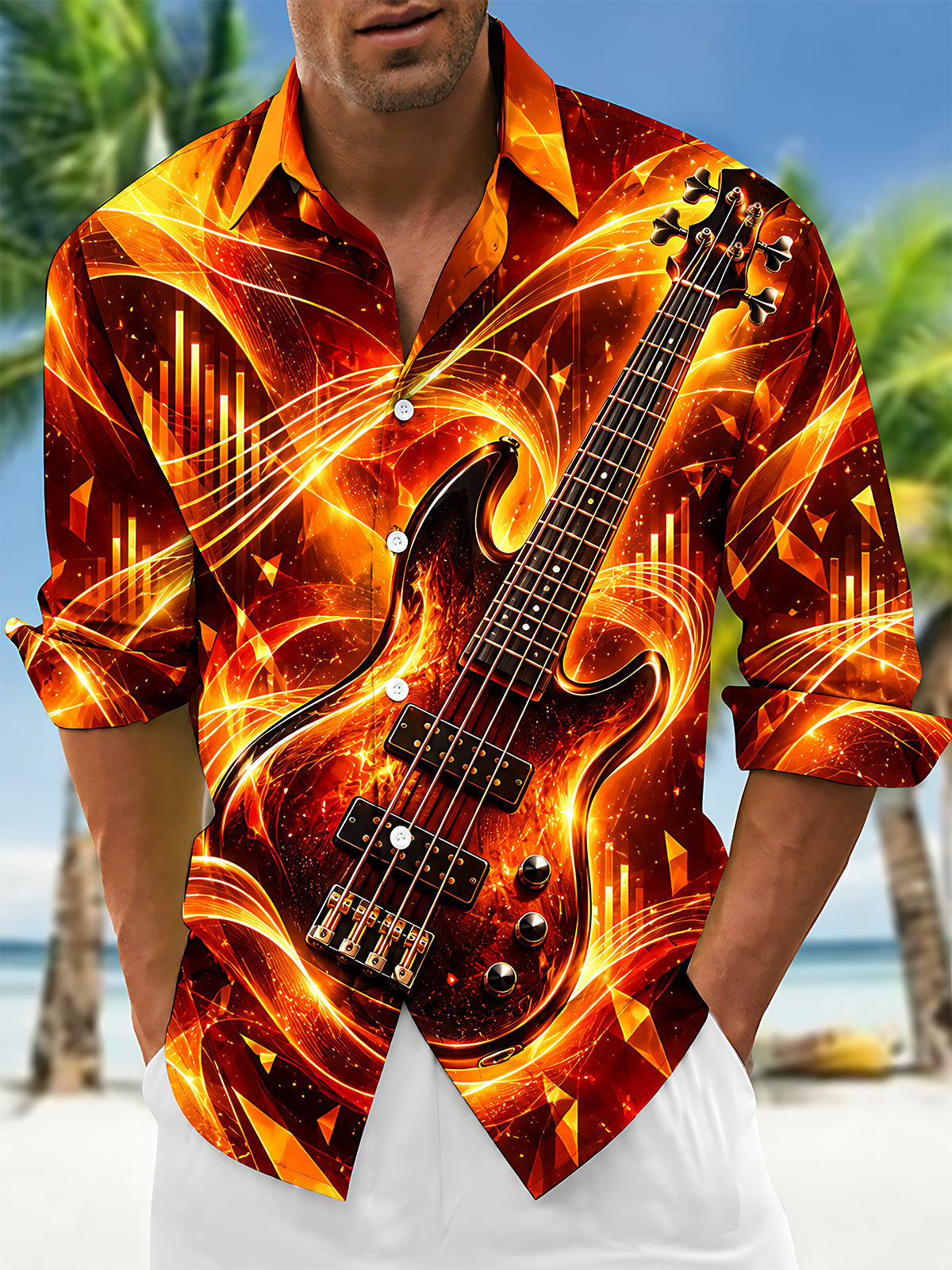 Adaychic Men's Electric Bass Guitar With Musical Waves Print Long Sleeve Shirt with Chest Pocket