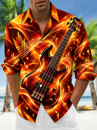 Adaychic Men's Electric Bass Guitar With Musical Waves Print Long Sleeve Shirt with Chest Pocket