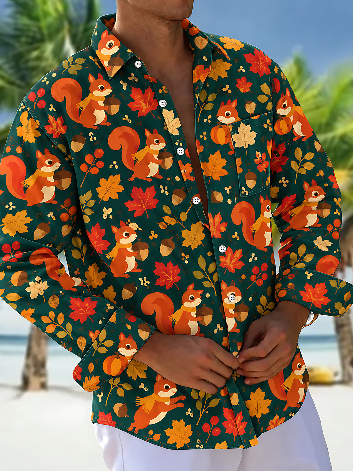 Adaychic Men's Autumn Squirrel And Maple Leaf Pattern Long Sleeve Shirt with Chest Pocket