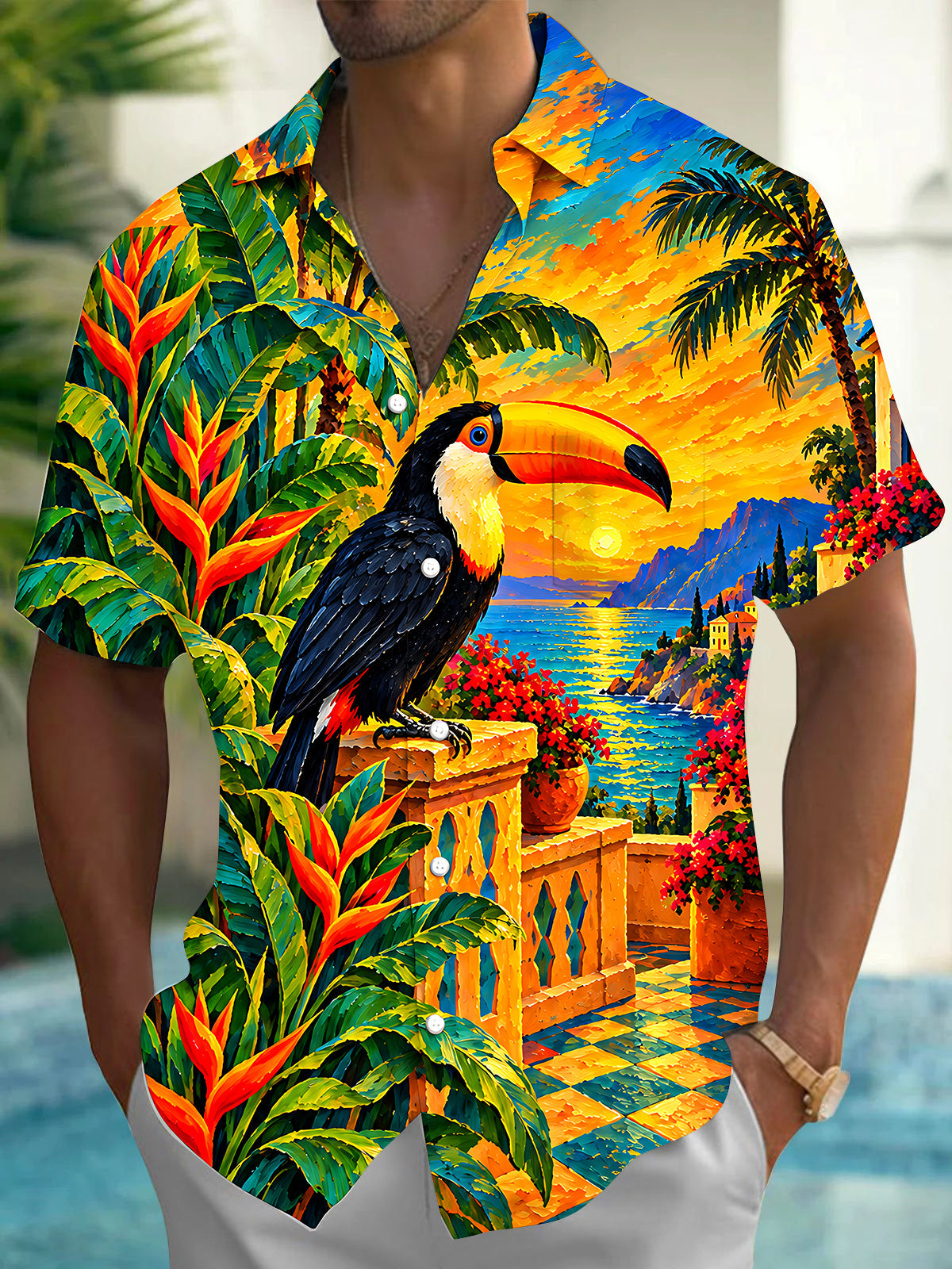 Adaychic Men's Toucan And Palm Tree Sunset Landscape Print Short Sleeve Shirt with Chest Pocket