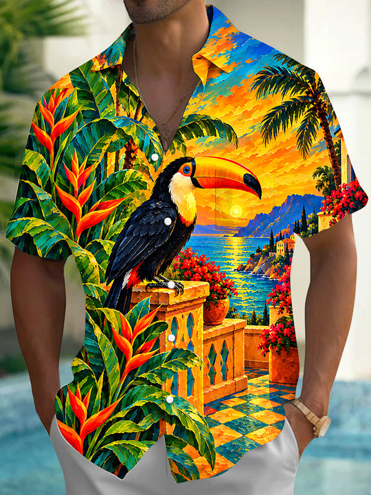 Adaychic Men's Toucan And Palm Tree Sunset Landscape Print Short Sleeve Shirt with Chest Pocket