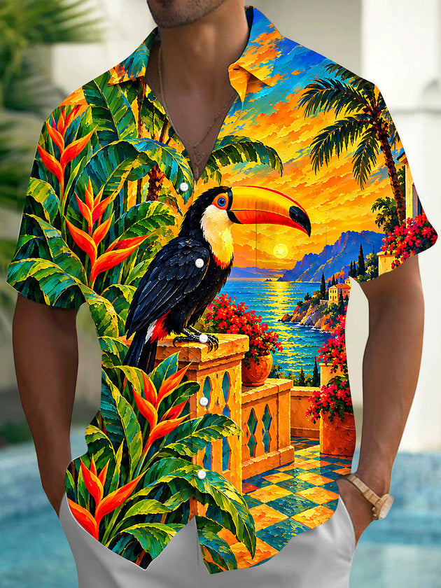 Adaychic Men's Toucan And Palm Tree Sunset Landscape Print Short Sleeve Shirt with Chest Pocket