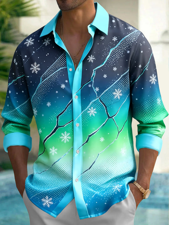 Adaychic Men's Snowflake Gradient With Geometric Cracks Print Long Sleeve Shirt with Chest Pocket