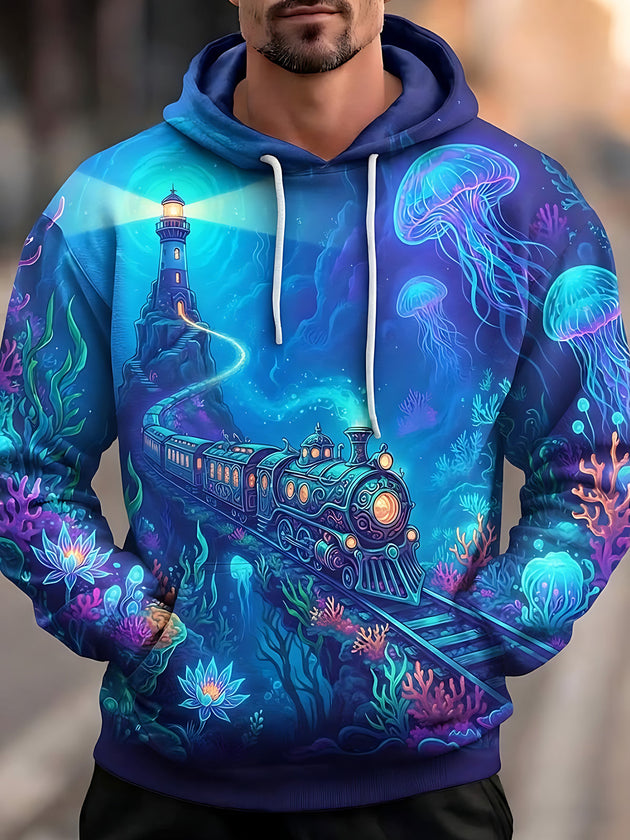 Adaychic Men's Underwater Steam Train And Lighthouse Print Long Sleeve Hoodie