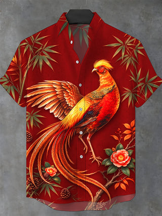 Adaychic Men's Golden Pheasant Print Short Sleeve Stand Collar Shirt with Chest Pocket