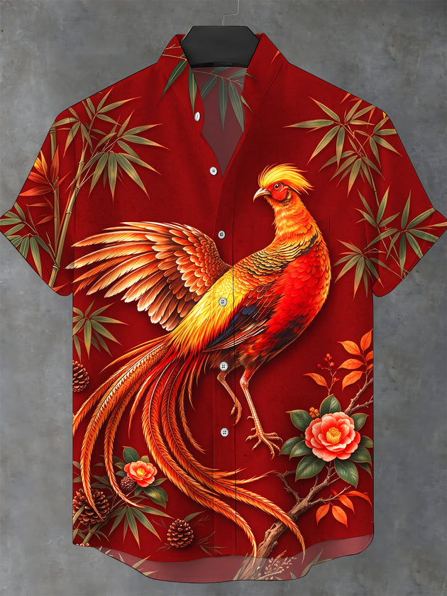 Adaychic Men's Golden Pheasant Print Short Sleeve Stand Collar Shirt with Chest Pocket