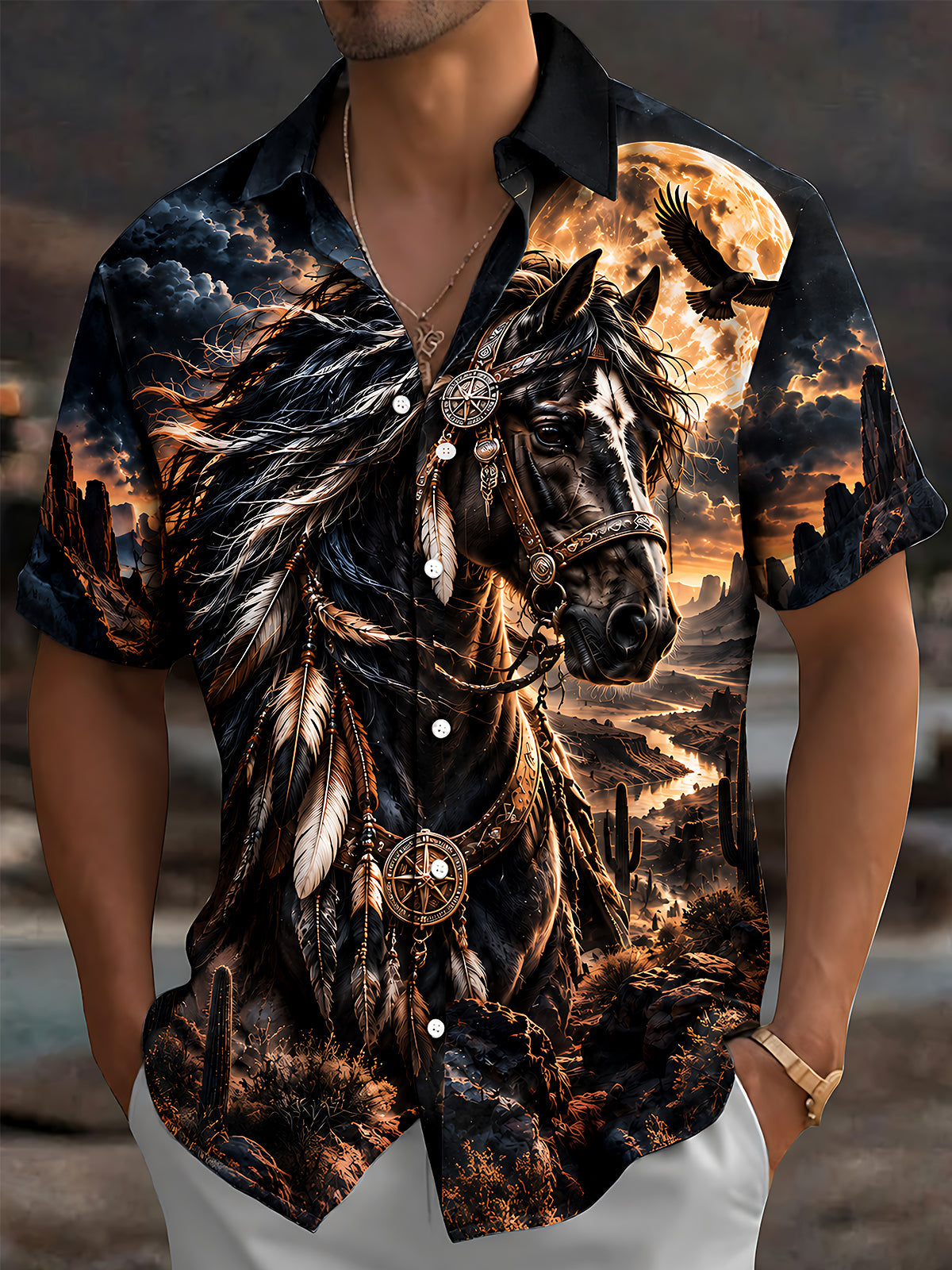 Adaychic Men's Printed Horse Portrait Print Short Sleeve Shirt