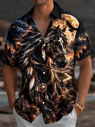 Adaychic Men's Printed Horse Portrait Print Short Sleeve Shirt