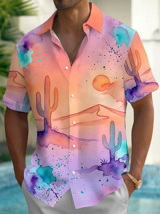 Adaychic Men's Watercolor Desert Cactus Sunset Print Short Sleeve Shirt with Chest Pocket