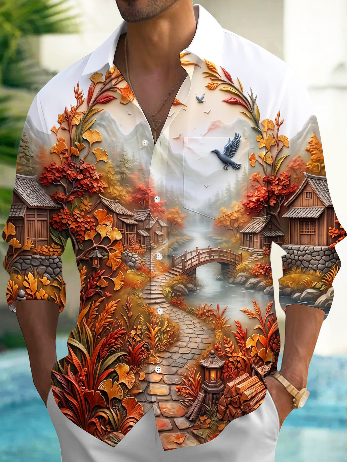 Adaychic Men's Long Sleeve Shirt - Ancient Village Autumn Landscape With Birds And Bridge Print with Chest Pocket
