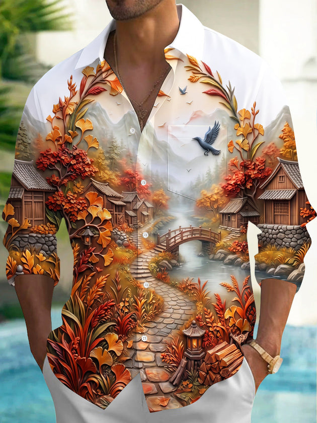 Adaychic Men's Long Sleeve Shirt - Ancient Village Autumn Landscape With Birds And Bridge Print with Chest Pocket