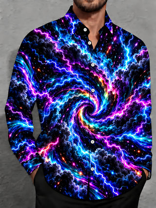 Adaychic Men's Long Sleeve Shirt - Abstract Cosmic Swirl With Lightning And Clouds Print with Chest Pocket