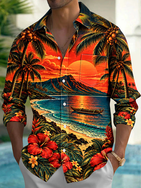 Adaychic Men's Long Sleeve Shirt - Hawaiian Sunset Beach Scene With Palm Trees And Hibiscus Print with Chest Pocket