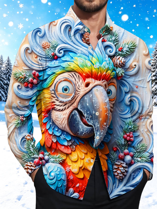 Adaychic Men's Long Sleeve Shirt - Winter Colorful Parrot With Winter Pine Cones And Berries Print with Chest Pocket