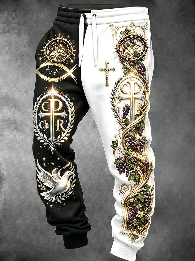 Adaychic Men's Graphic Religious Symbols And Dove Print Pants
