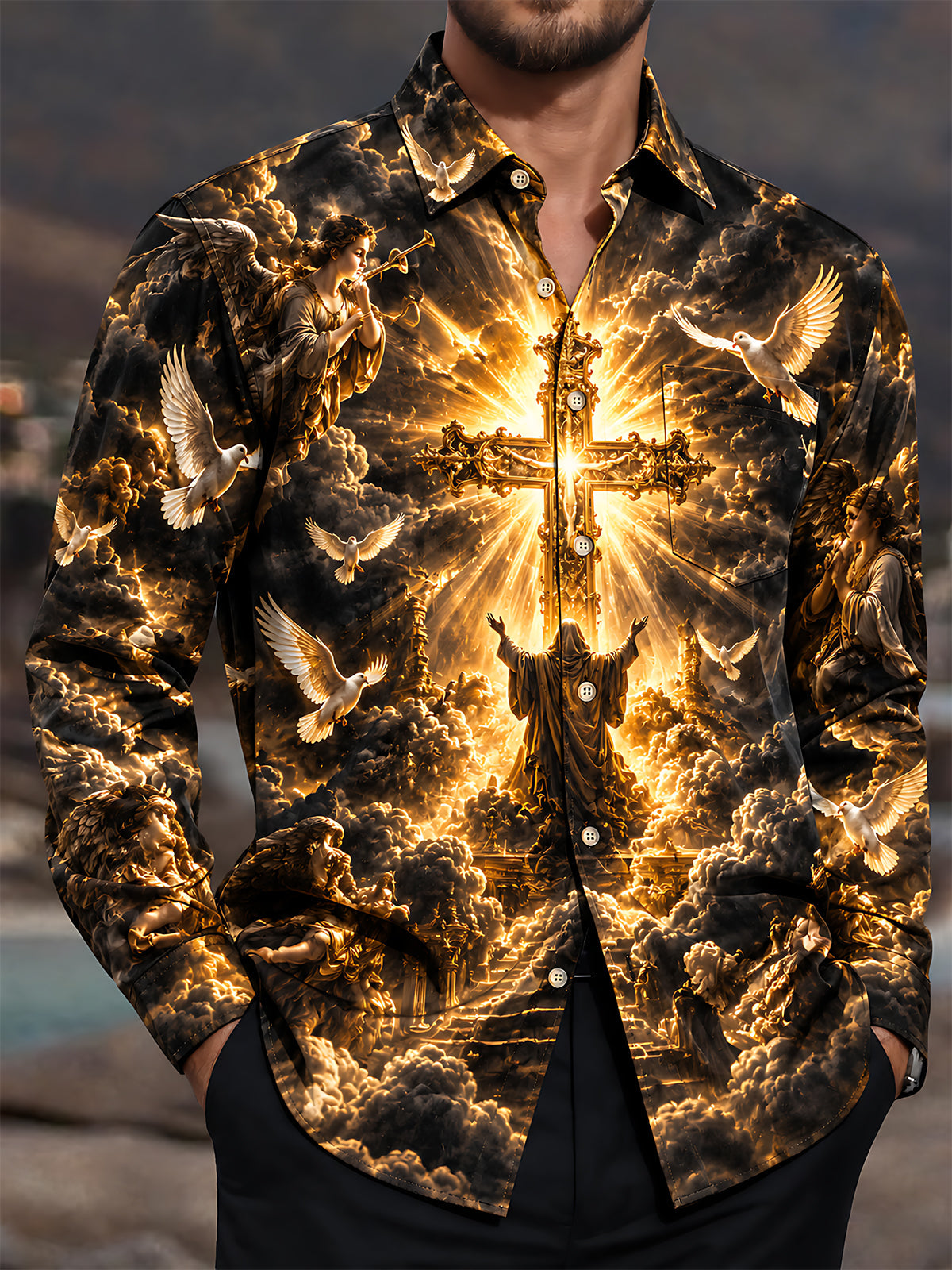 Adaychic Men's Graphic Religious Cross And Angels Print Short Sleeve Shirt with Chest Pocket