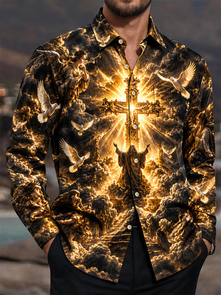 Adaychic Men's Graphic Religious Cross And Angels Print Short Sleeve Shirt with Chest Pocket