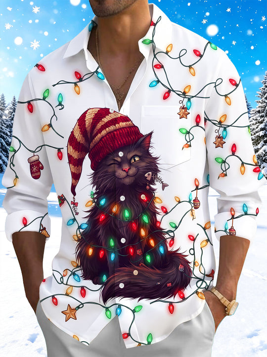 Adaychic Men's Long Sleeve Shirt - Black Cat With Christmas Lights And Knit Hat Print with Chest Pocket