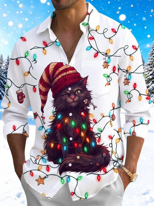 Adaychic Men's Long Sleeve Shirt - Black Cat With Christmas Lights And Knit Hat Print with Chest Pocket