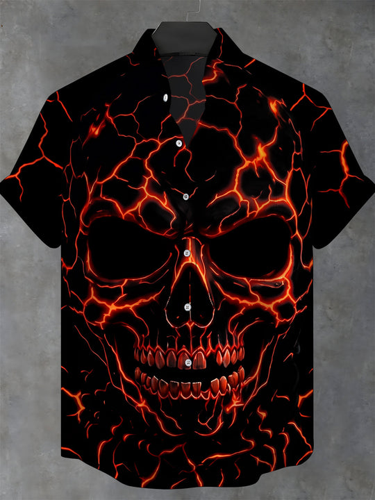 Adaychic Men's Graphic Lava Cracked Skull Print Short Sleeve Shirt with Chest Pocket