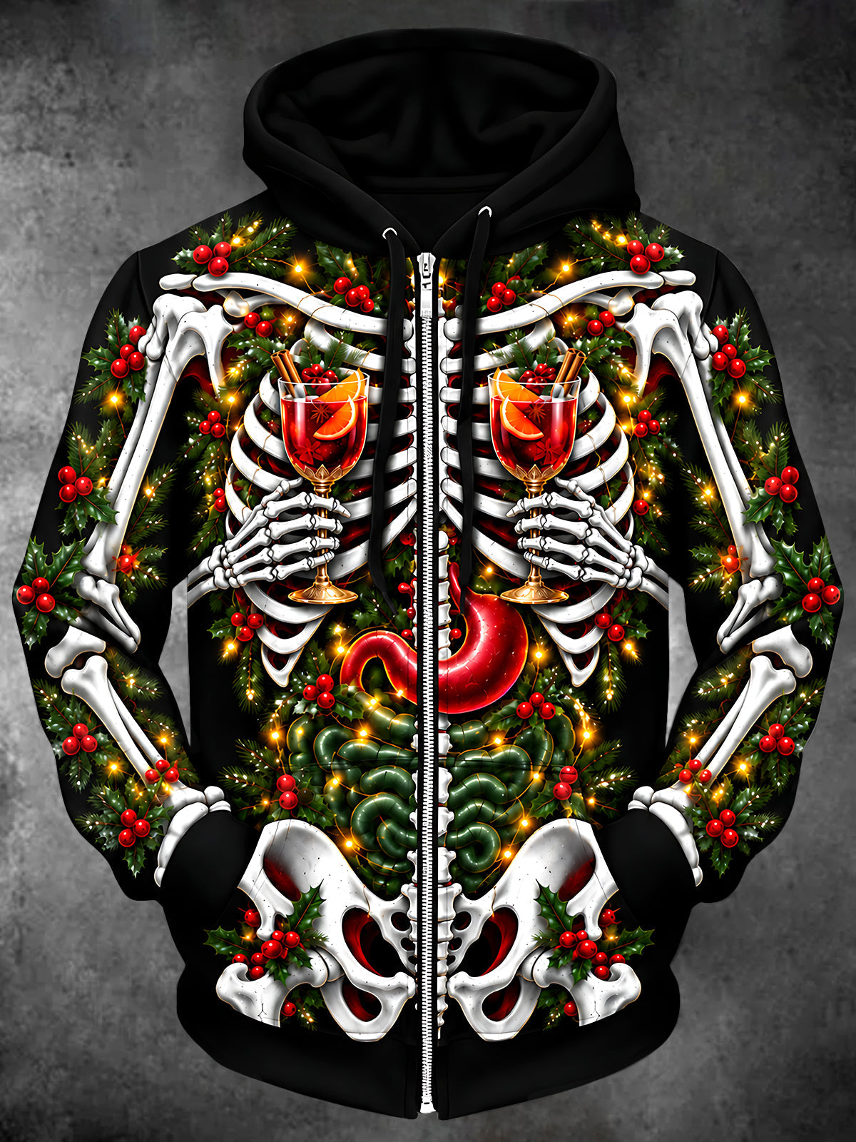 Adaychic Men's Long Sleeve Zip-Up Hoodie - Skeleton Anatomy With Christmas Drinks Print