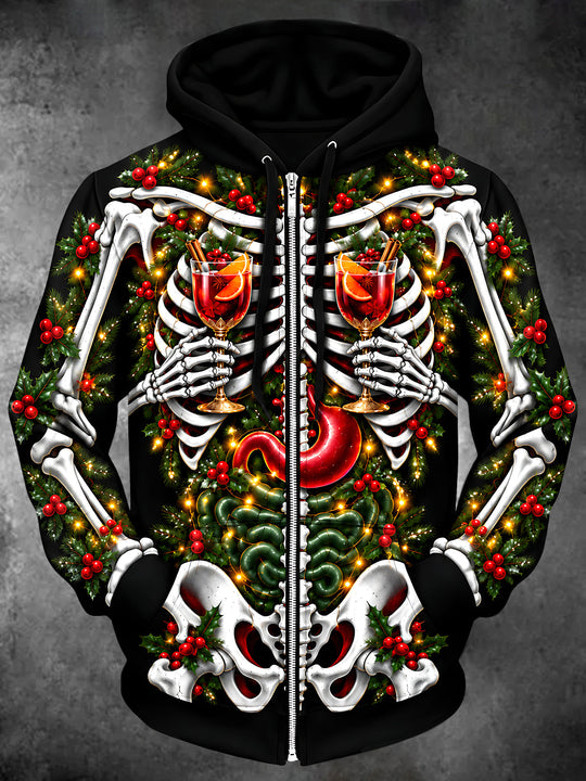 Adaychic Men's Long Sleeve Zip-Up Hoodie - Skeleton Anatomy With Christmas Drinks Print