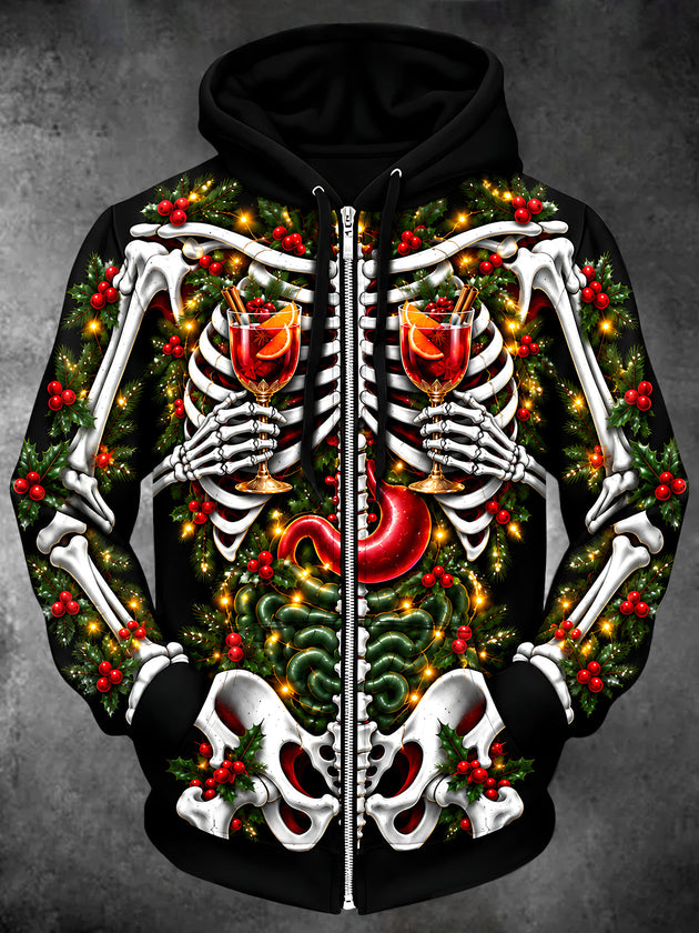 Adaychic Men's Long Sleeve Zip-Up Hoodie - Skeleton Anatomy With Christmas Drinks Print