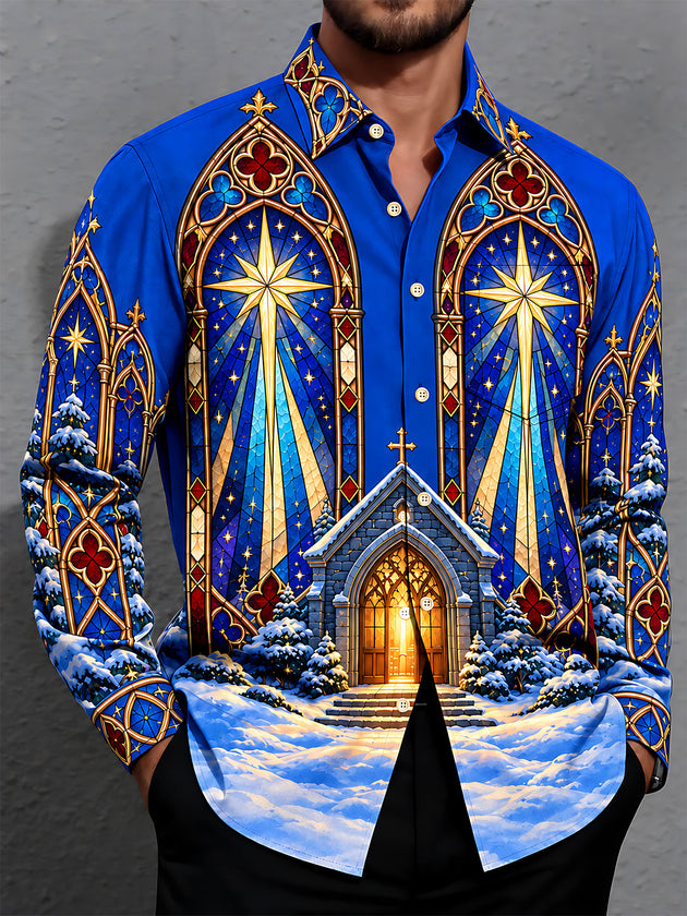 Adaychic Men's Long Sleeve Shirt - Christmas Gothic Church Stained Glass Windows And Snowy Landscape Print with Chest Pocket