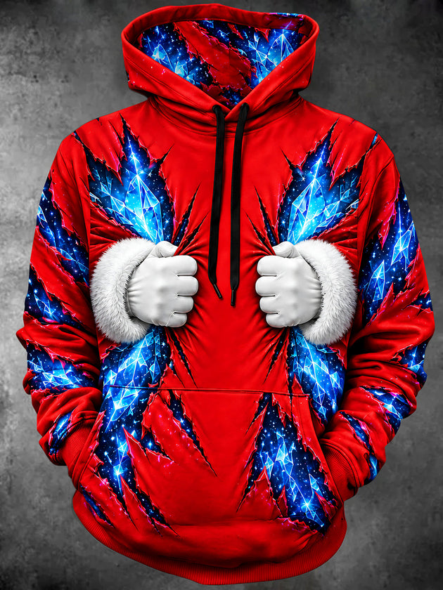 Adaychic Men's Long Sleeve Hoodie - Torn Red Fabric Revealing Galaxy And White Gloved Hands Print