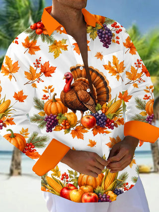 Adaychic Men's Thanksgiving Turkey And Harvest Produce Print Long Sleeve Shirt with Chest Pocket
